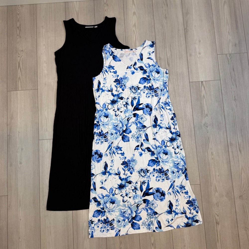 Belle by Kim Gravel Maxi Dress 2 Pack Black & Blue Floral V-Neck Sleeveless MP